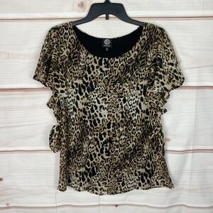 Bobeau Top Womens M Brown Black Leopard Blouse Flutter Sleeve Tie Side Pullover